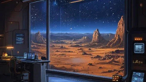 Futuristic space station interior with control desks overlooking rocky alien landscape under starry sky