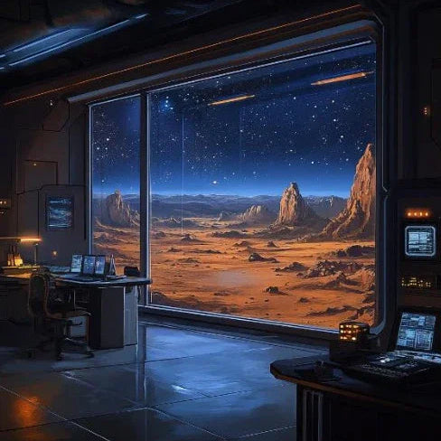 Futuristic space station interior with control desks overlooking rocky alien landscape under starry sky