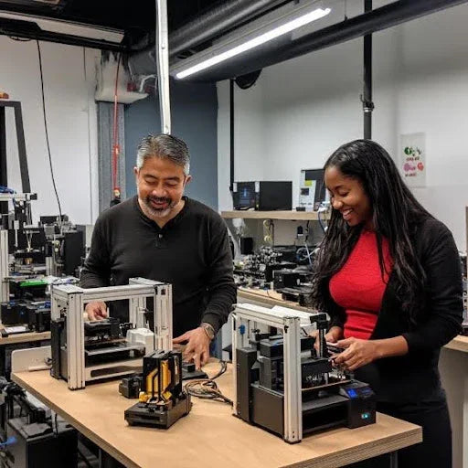 Two engineers assembling and testing black and silver 3D printers in a modern lab workspace