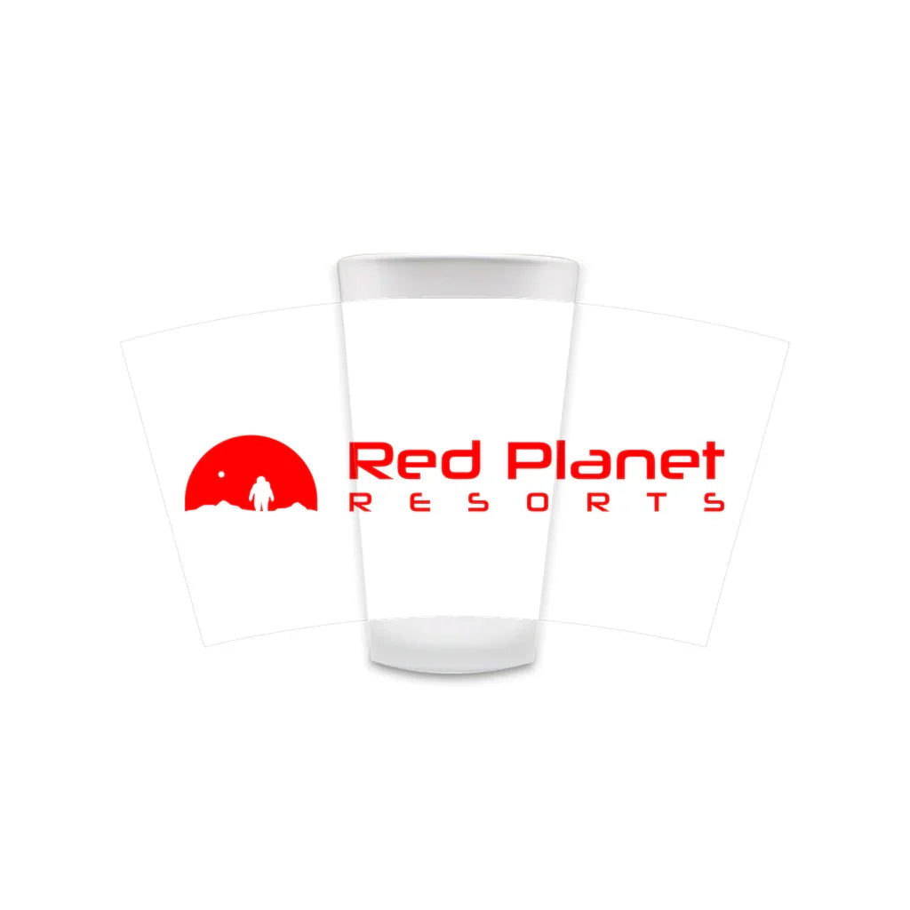 Red Planet Resorts logo in red with astronaut silhouette and text on a white glass background