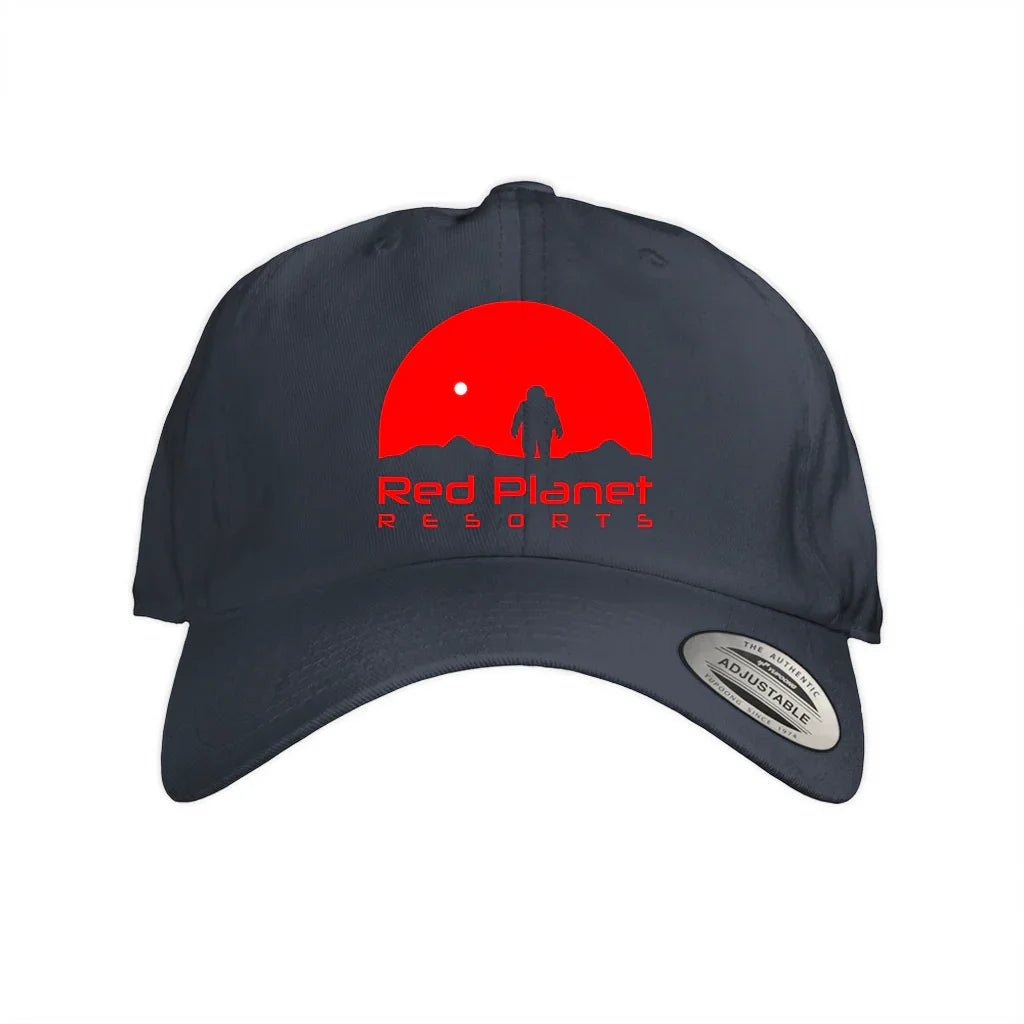Black adjustable baseball cap with red logo of astronaut and text Red Planet Resorts