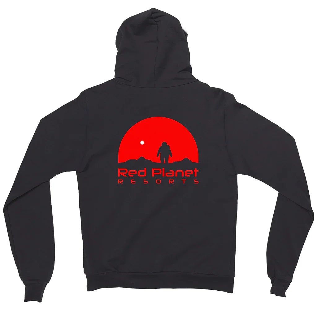 Black hoodie with a red graphic of an astronaut on a planet and text Red Planet Resorts on the back