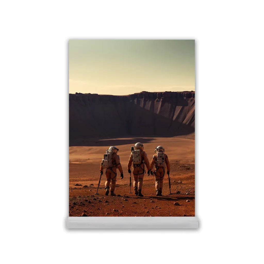 Three astronauts walking on a rocky Mars-like terrain with crater cliffs in the background
