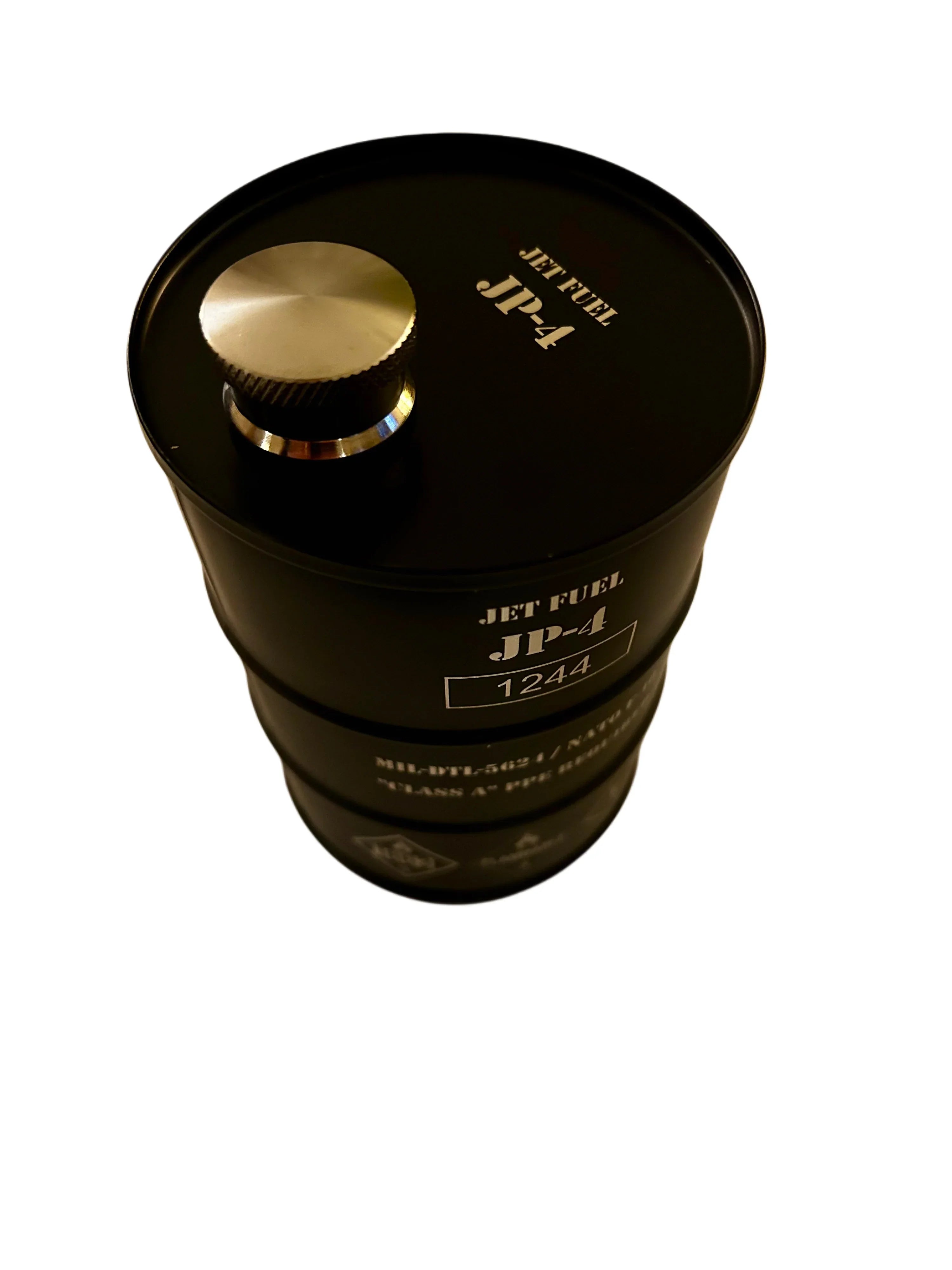 Black metal container labeled Jet Fuel JP-4 with a silver screw cap on a white background