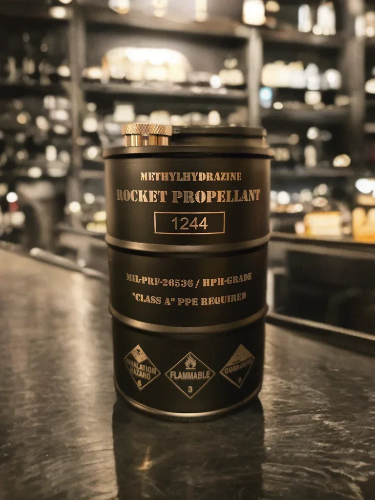 Black metal container labeled Methylhydrazine Rocket Propellant 1244 with safety warnings for inhalation hazard, flammable, and corrosive