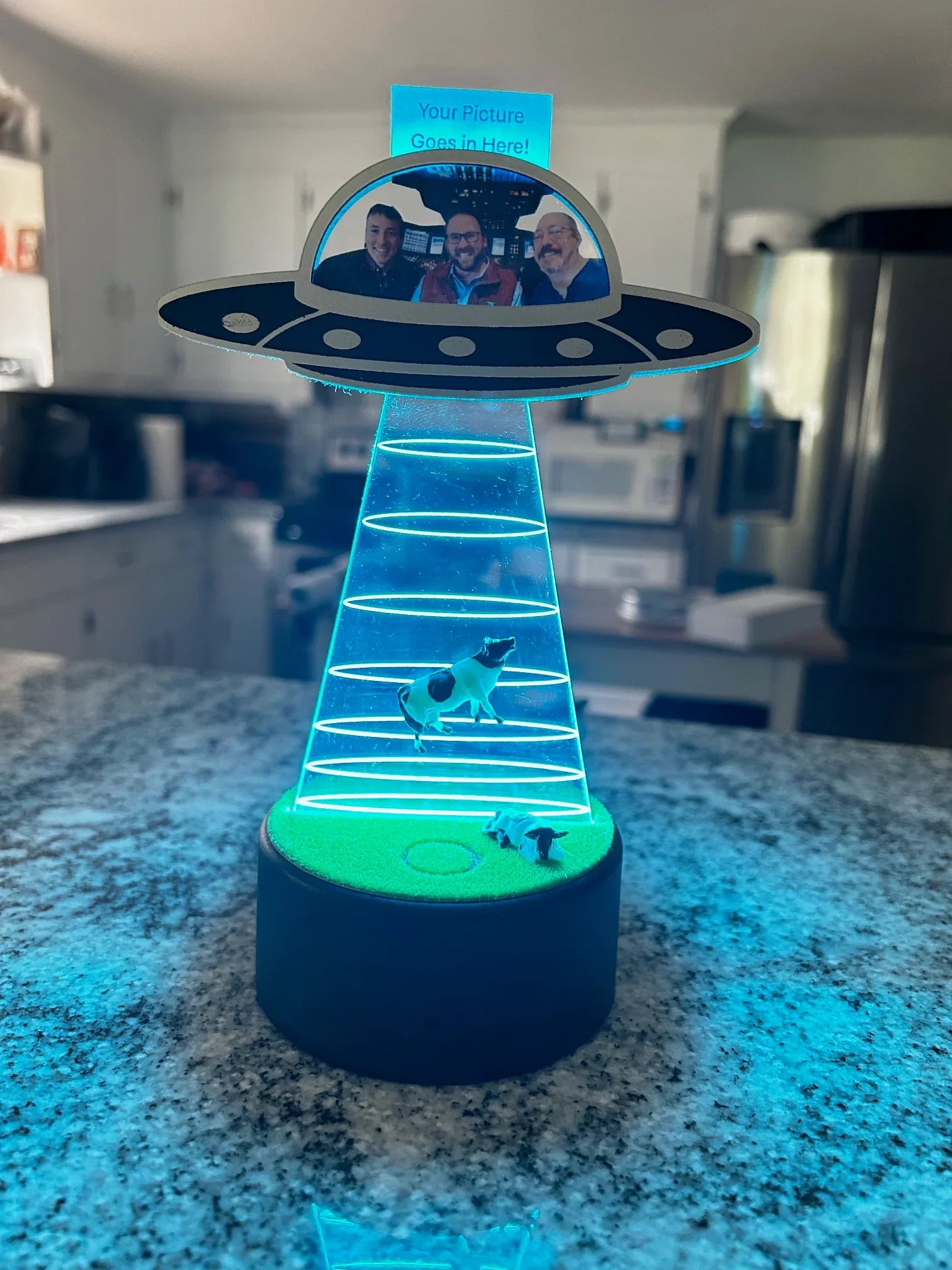 LED light decoration of a UFO abducting a cow with a photo of three men inside the spaceship