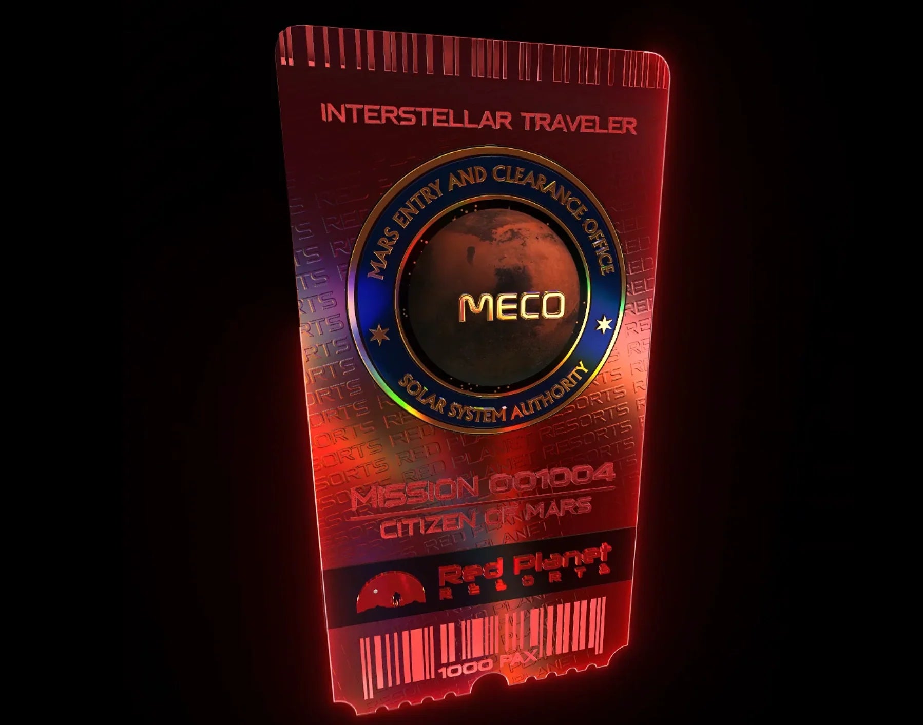 Futuristic red holographic ticket for Interstellar Traveler, Mars entry clearance by MECO, Red Planet Resorts