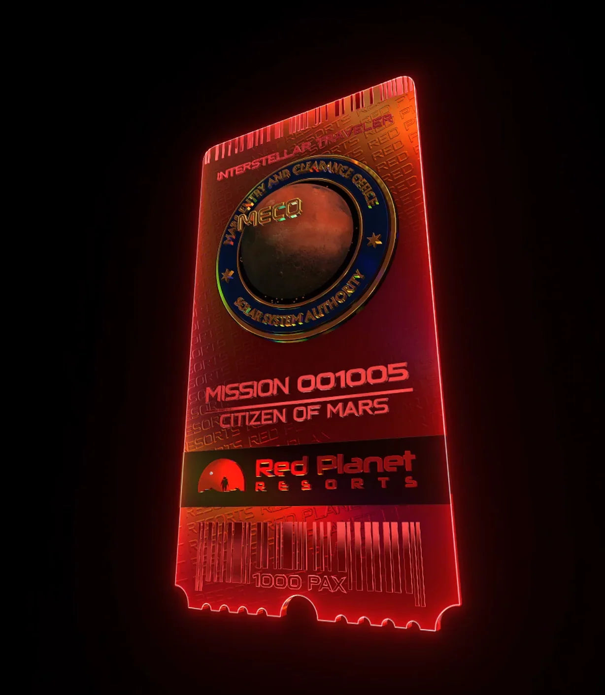 Glowing red interstellar travel ticket for Mission 001005 Citizen of Mars with Red Planet Resorts logo