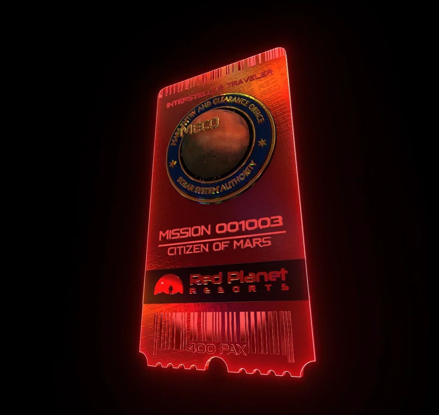 Red glowing futuristic ticket for Mars mission 001003 by Red Planet Resorts with Mars seal