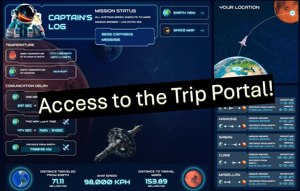 Space mission HUD showing Mars trip data, captain's log, temperatures, communication delay, ship speed, and travel details