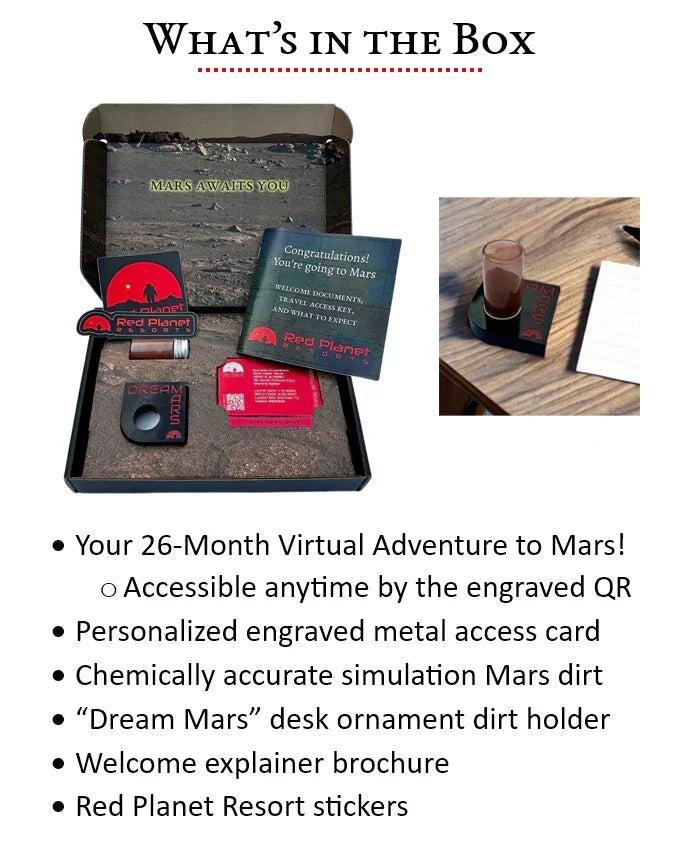 Open Red Planet Resort box with Mars dirt, engraved metal access card, welcome brochure, and stickers