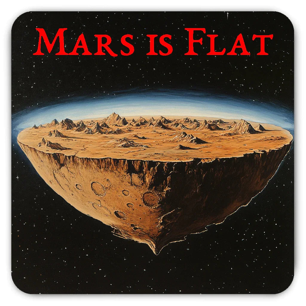 Flat Mars illustration with rocky mountains and craters floating in space, text Mars is Flat