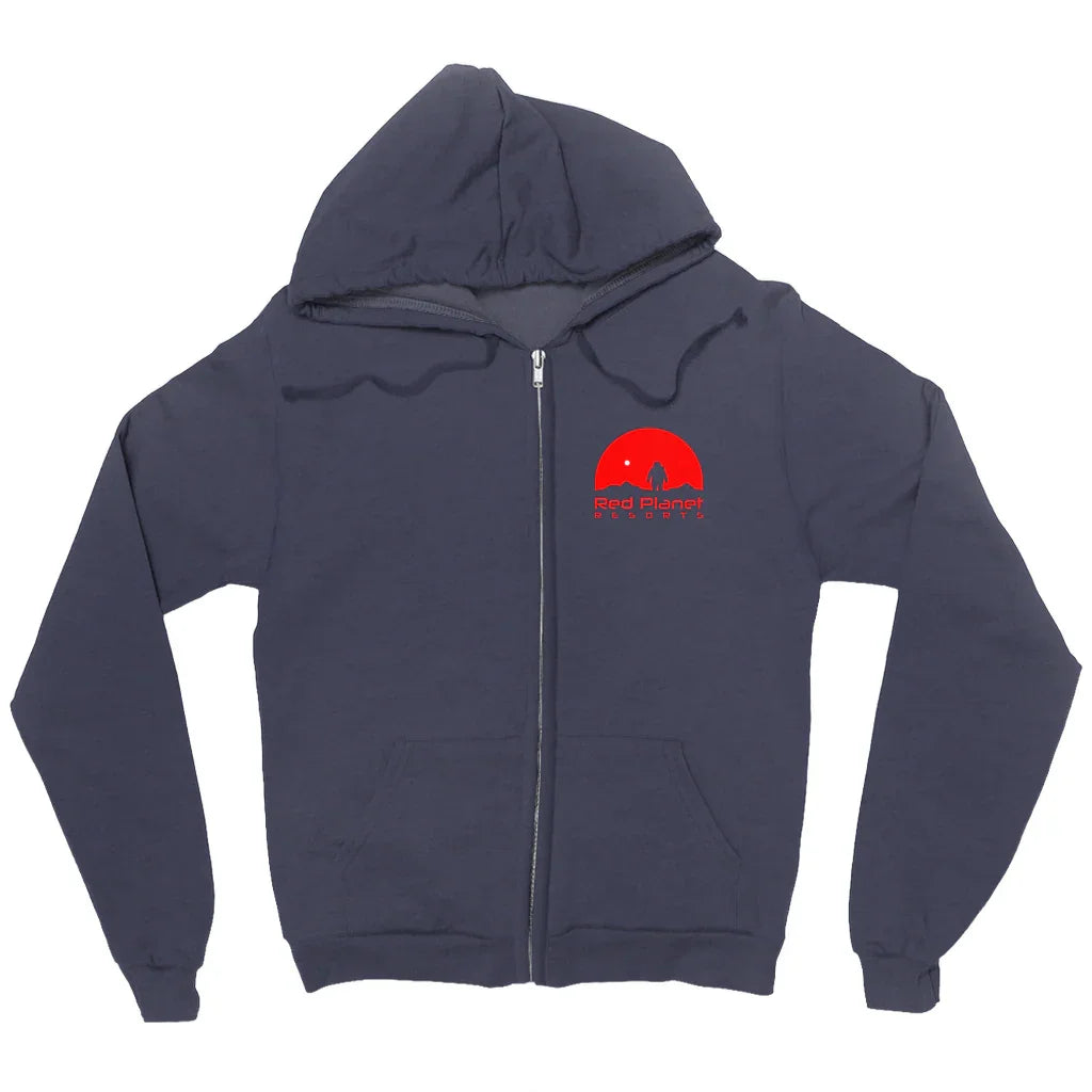 Navy blue zip-up hoodie with red Red Planet Resorts logo featuring astronaut and planet graphic