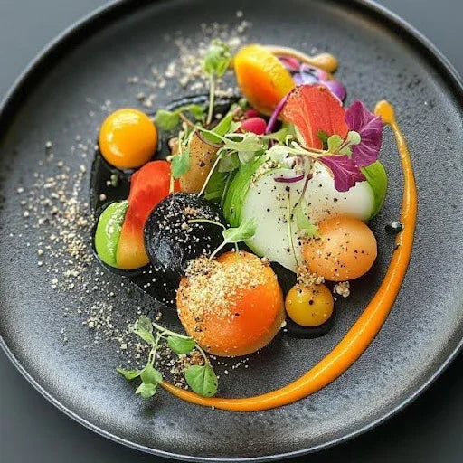 Gourmet dish with colorful vegetable spheres, microgreens, edible flowers, and vibrant sauces on a black plate