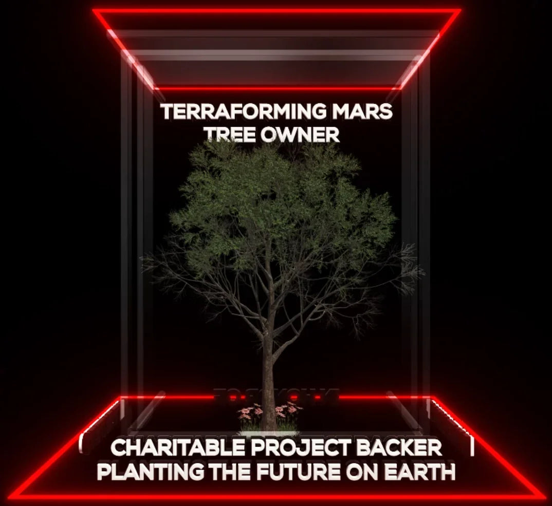 Terraforming Mars tree owner badge with green tree inside red neon frame, supporting future Earth planting project