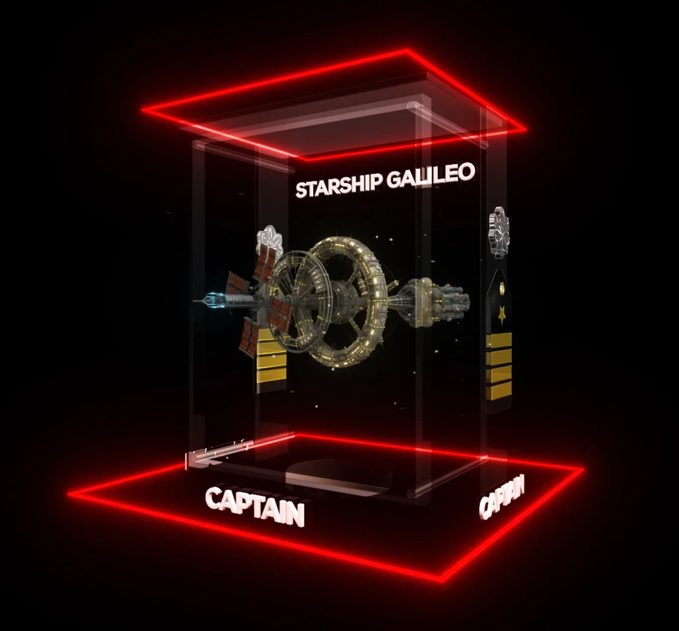 3D futuristic starship Galileo model displayed in a glowing red neon cube with captain rank insignia