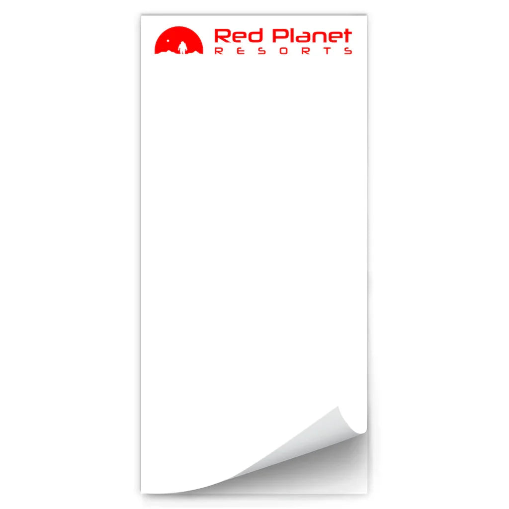 Red Planet Resorts logo with red text and astronaut graphic on white notepad page with curled corner