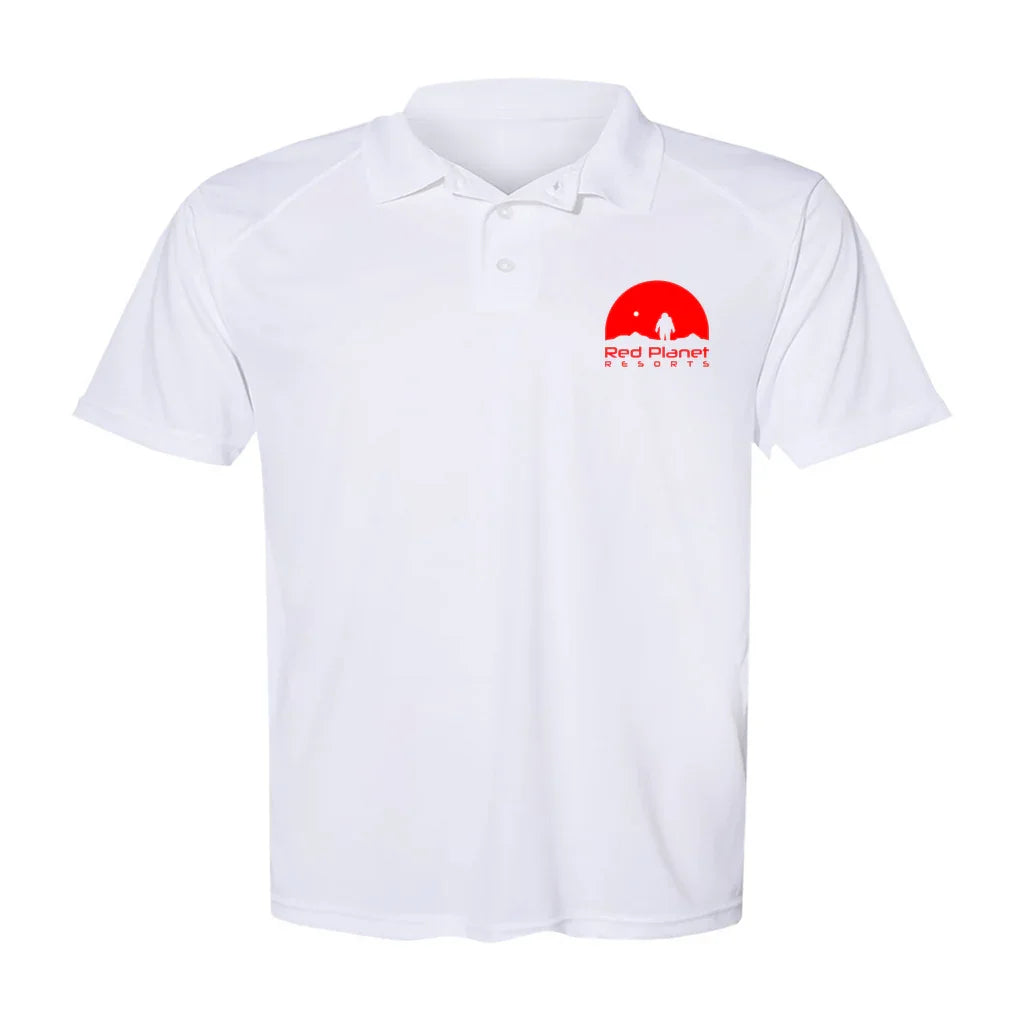 White polo shirt with Red Planet Resorts logo featuring a red moon and astronaut silhouette