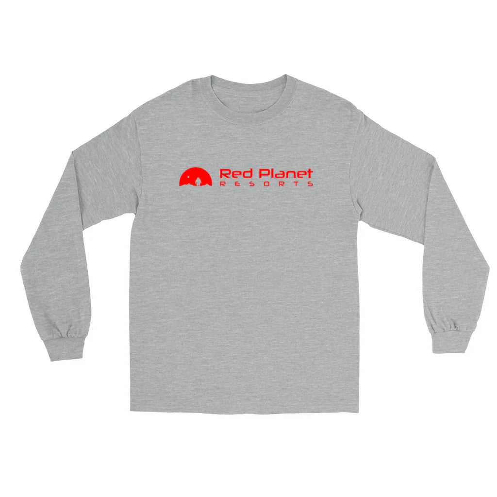 Gray long-sleeve t-shirt with red Red Planet Resorts logo and astronaut graphic