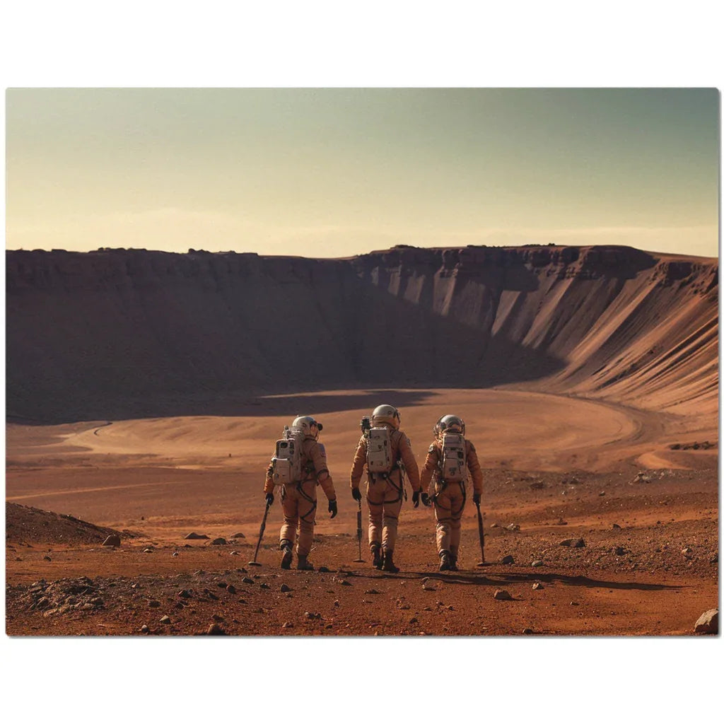 Three astronauts in spacesuits walking on rocky Martian terrain towards a large crater under a clear sky