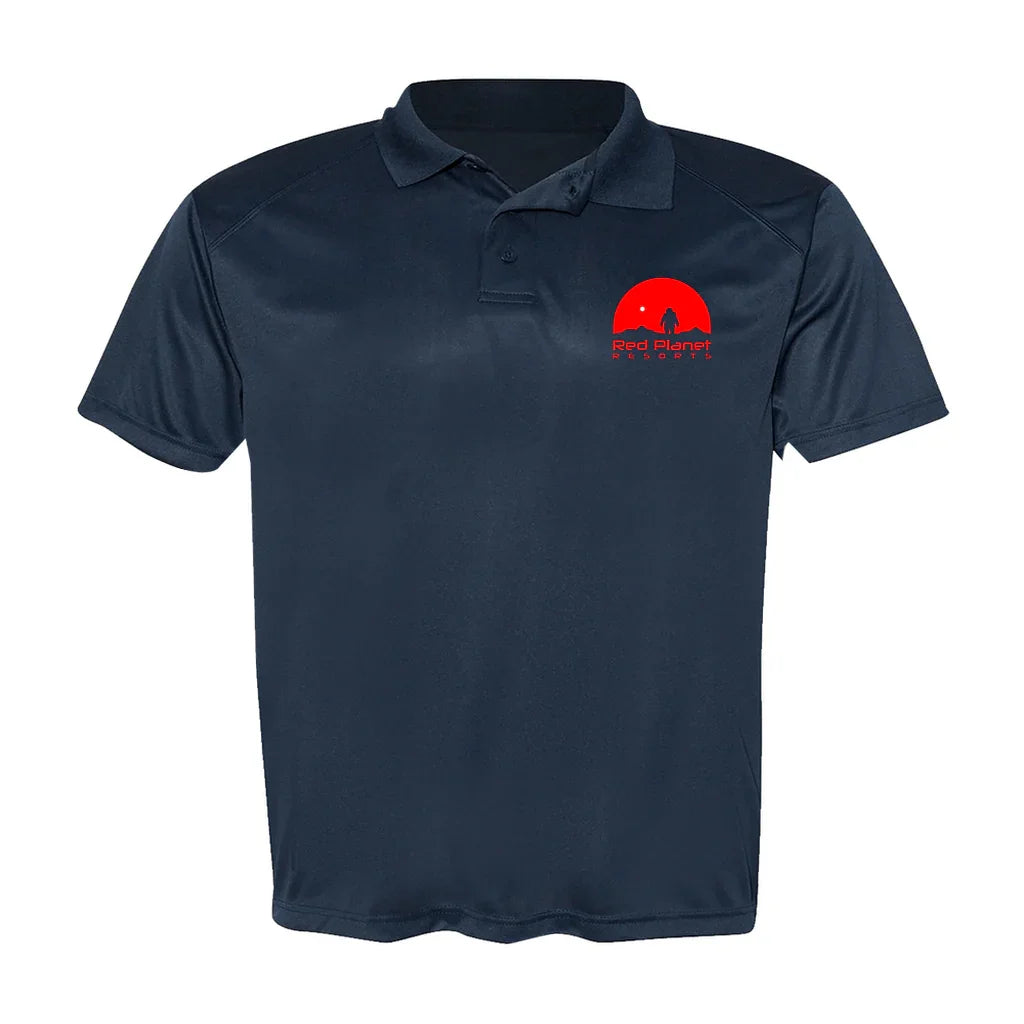 Navy blue polo shirt with red Red Planet Resorts logo featuring a silhouette and planet graphic