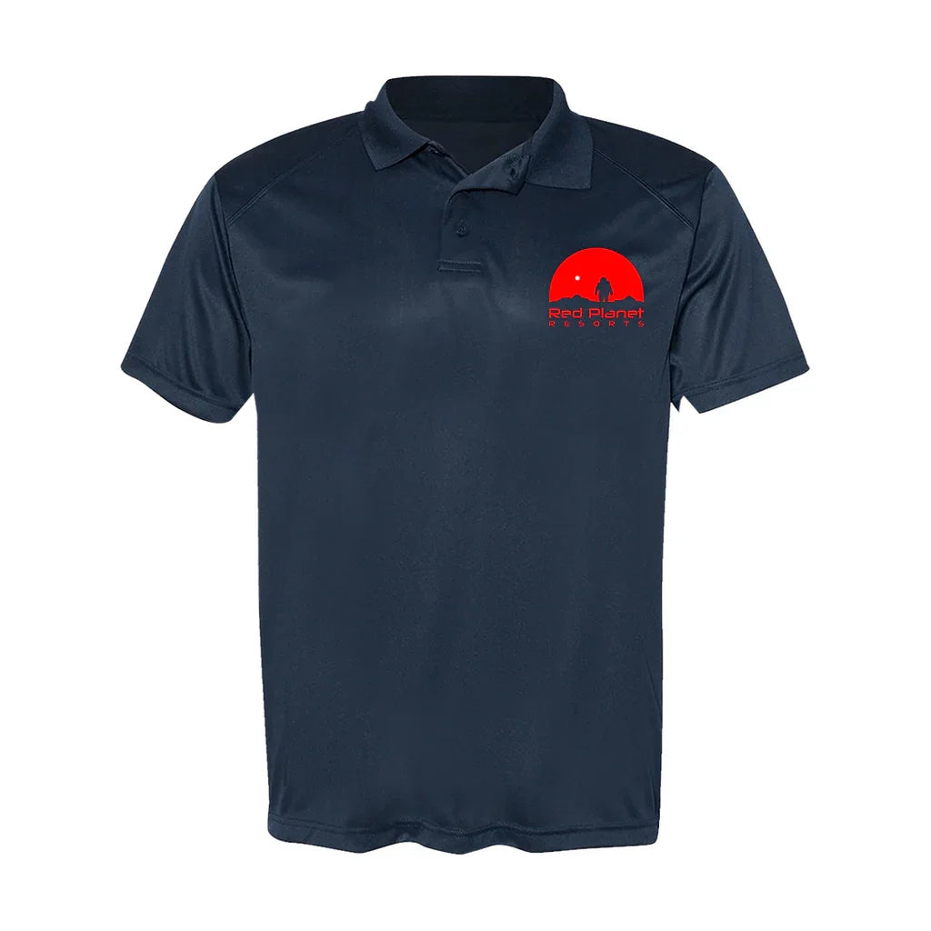 Navy blue polo shirt with Red Planet Resorts logo featuring red planet and astronaut silhouette