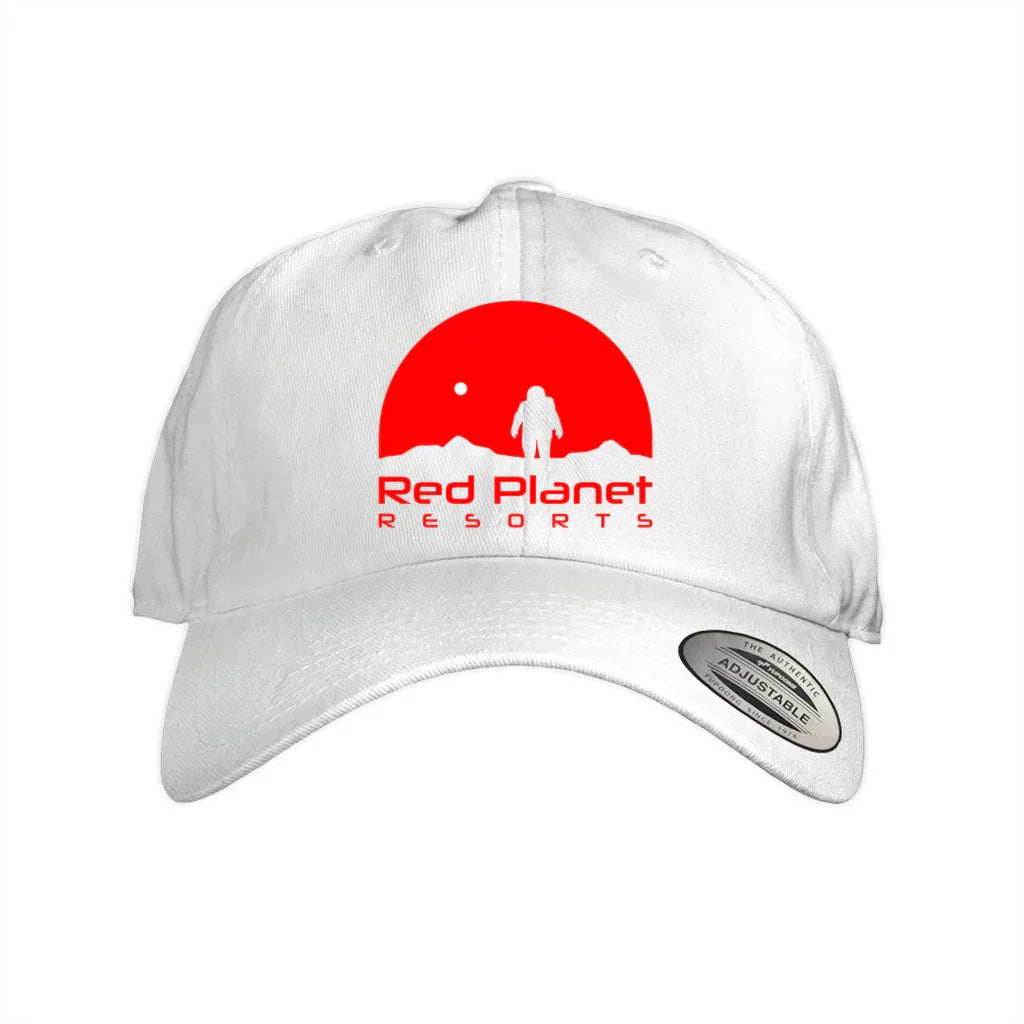 White adjustable baseball cap with red astronaut and mountain logo and text Red Planet Resorts