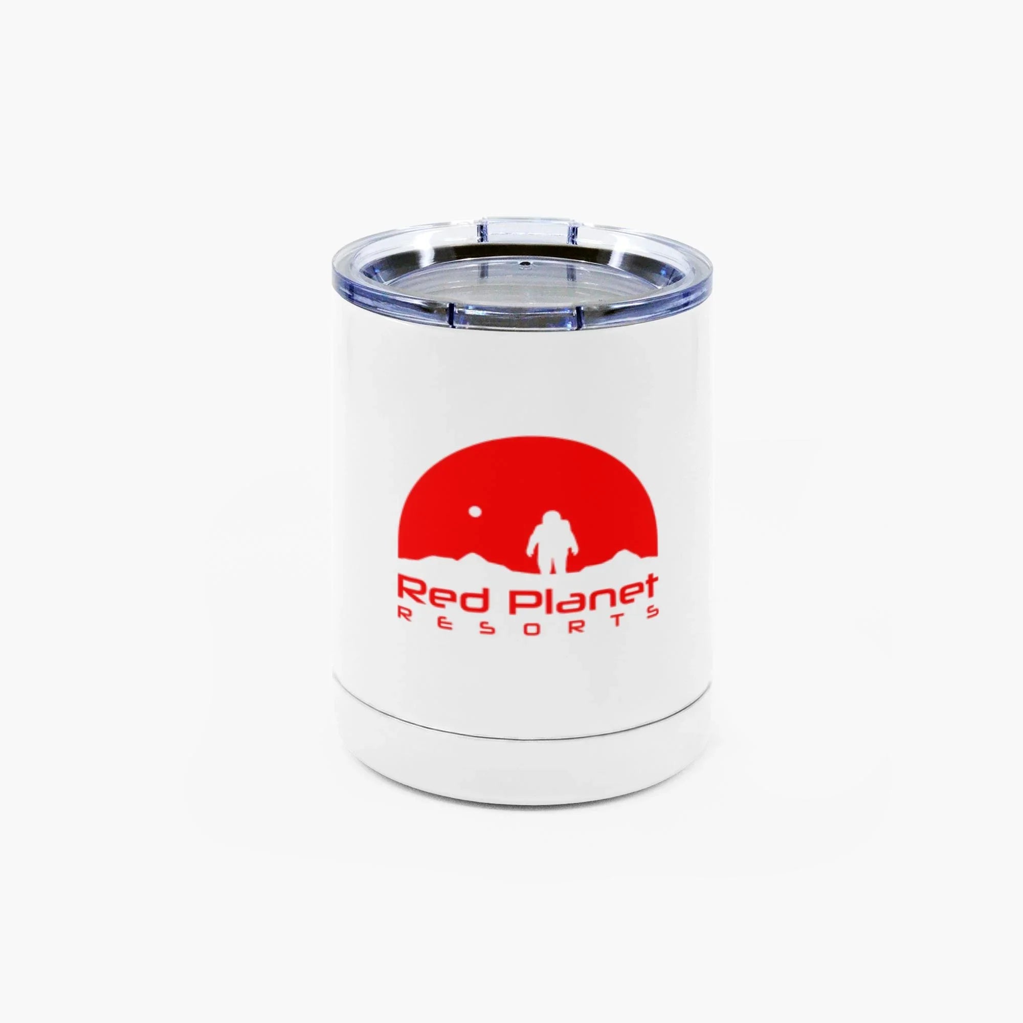 White insulated tumbler with clear lid featuring Red Planet Resorts red astronaut logo