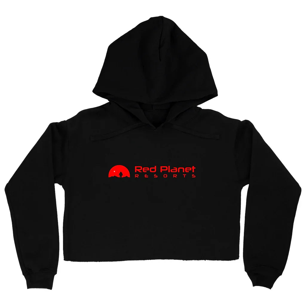 Black cropped hoodie with red Red Planet Resorts logo featuring astronaut silhouette and planetary design