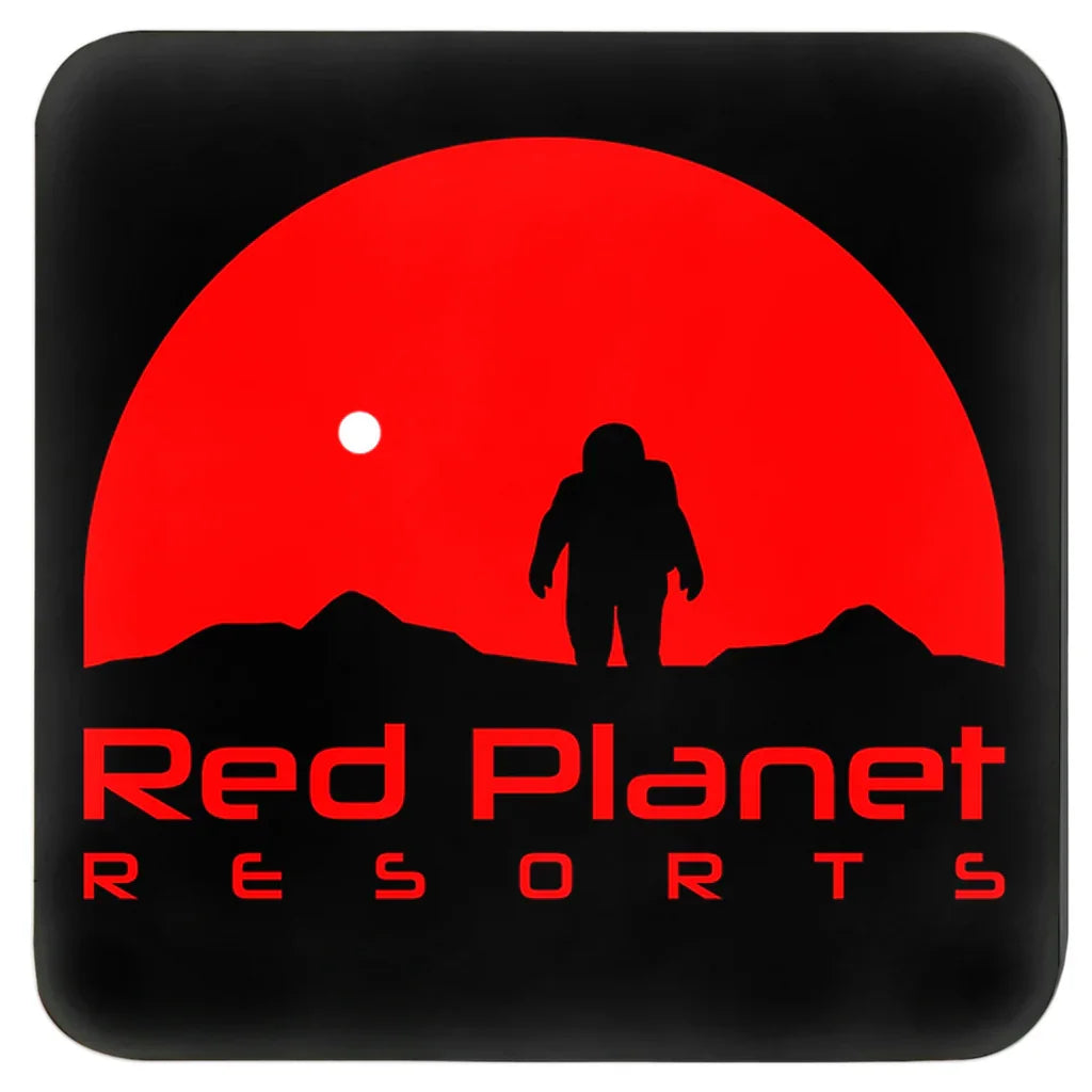 Red Planet Resorts logo with astronaut silhouette against red sun and black landscape