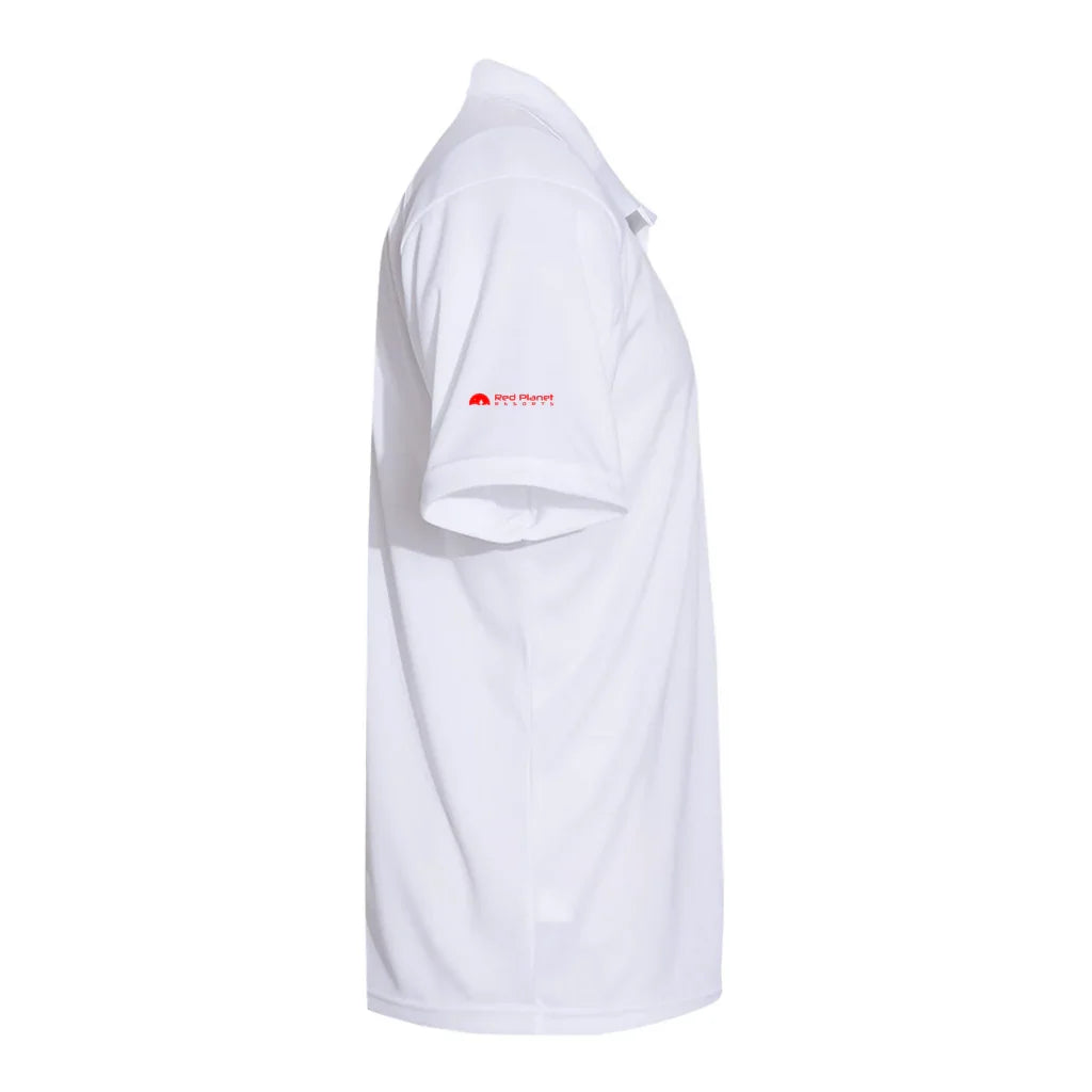 White polo shirt with Red Planet Resorts logo on sleeve, side view