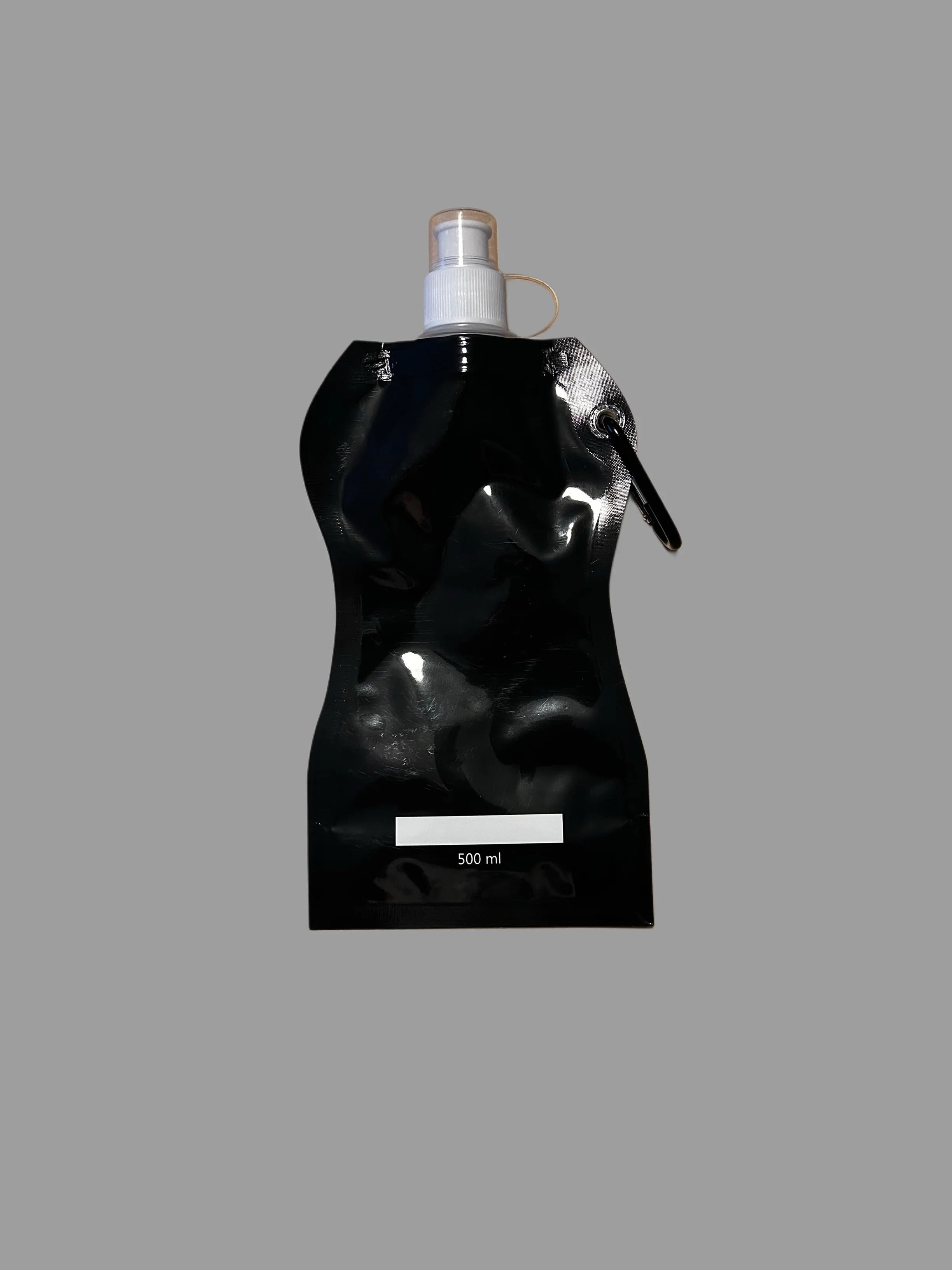 Black 500ml reusable water pouch with white sports cap and attached carabiner on gray background
