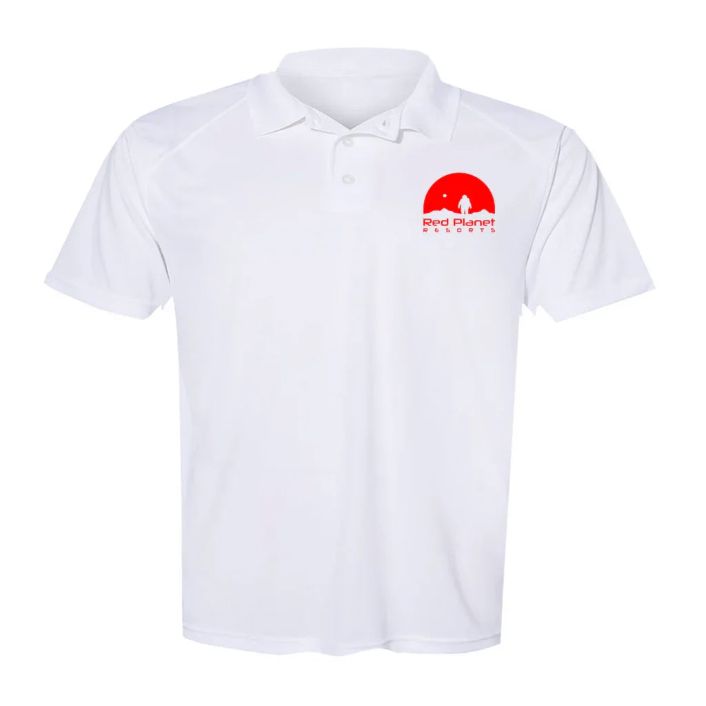 White polo shirt with red Red Planet Resorts logo featuring an astronaut and moon design