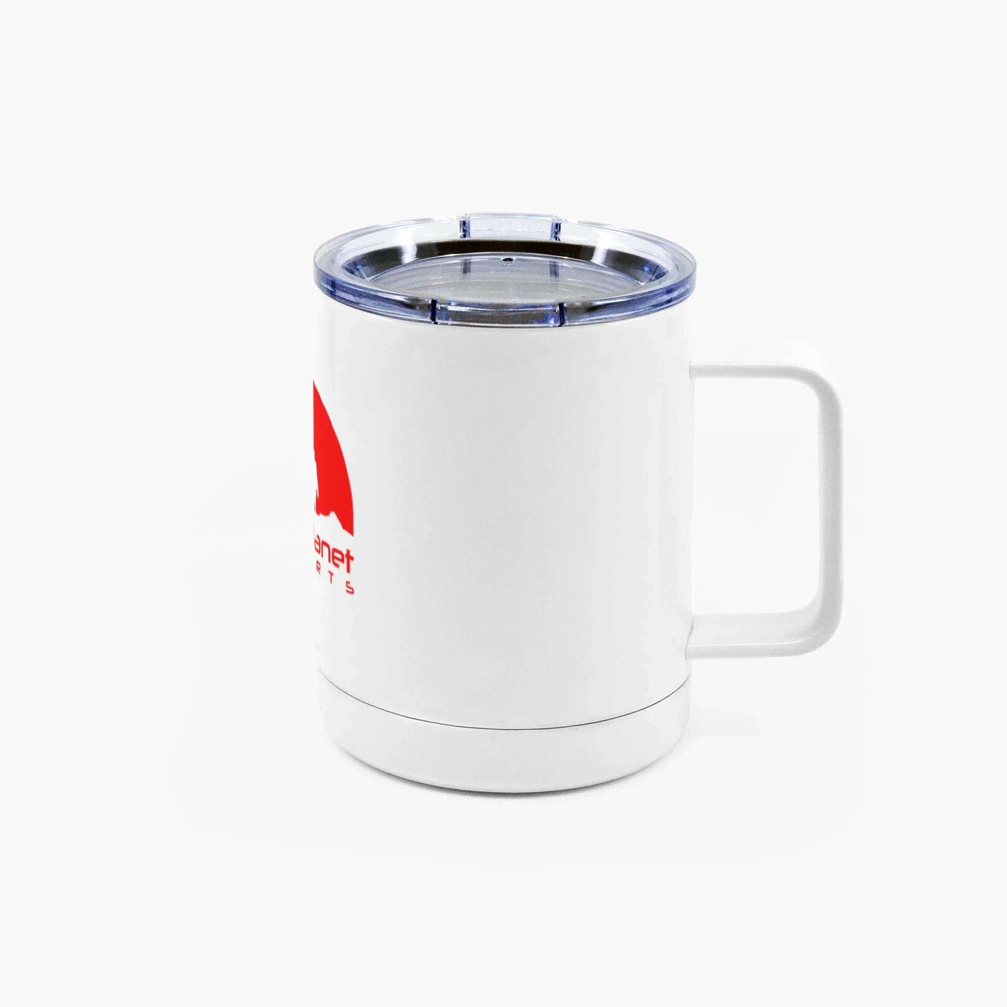 White insulated travel mug with clear lid and red logo on side against white background