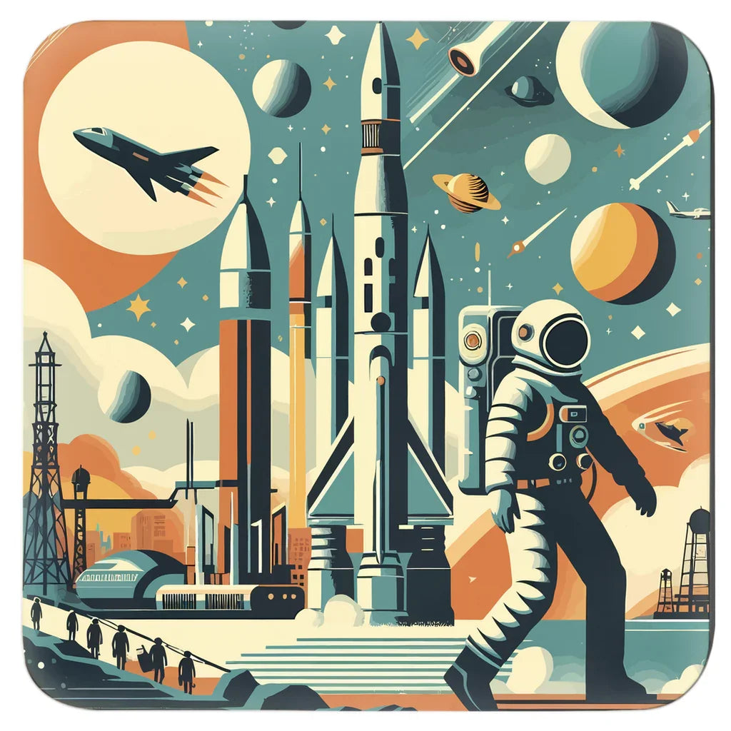 Retro space exploration scene with astronaut, rockets, planets, and flying shuttle in vintage style