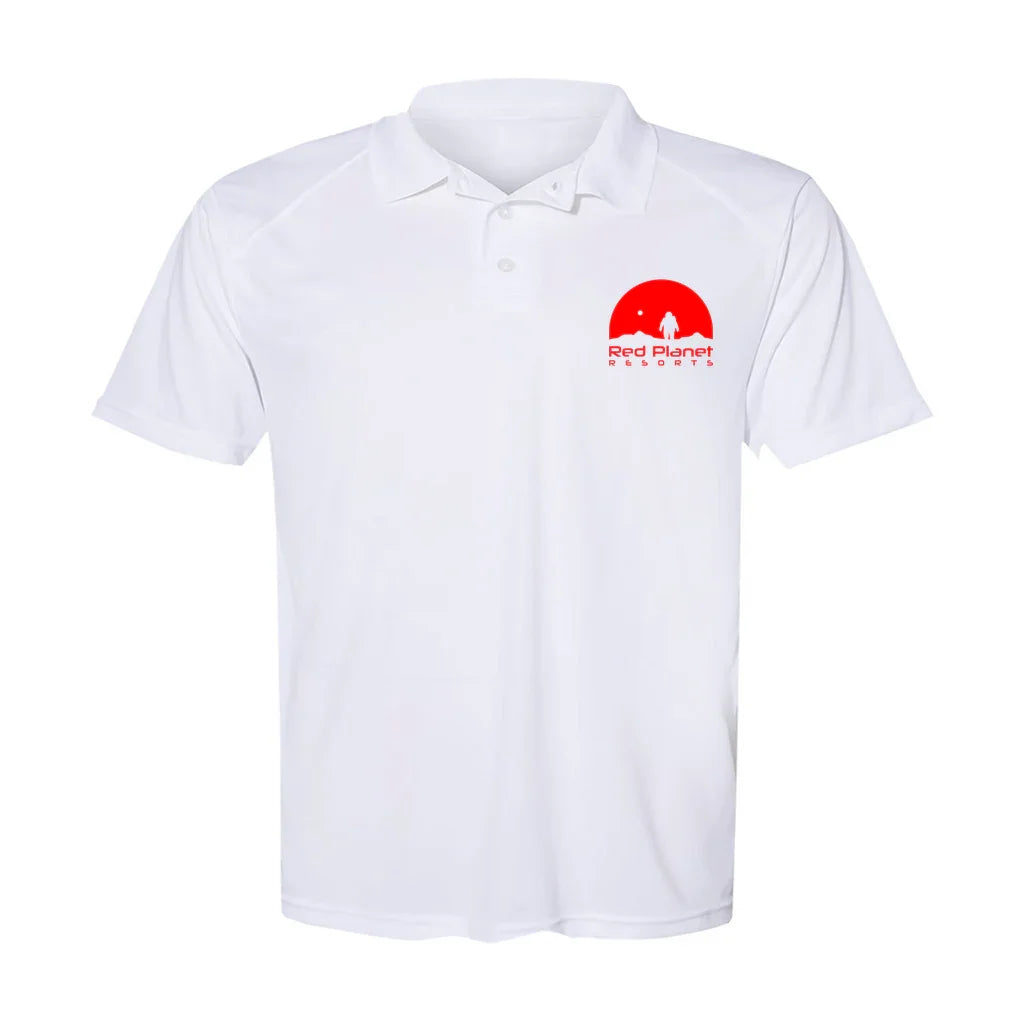 White polo shirt with red Red Planet Resorts logo featuring a person silhouette and sun graphic