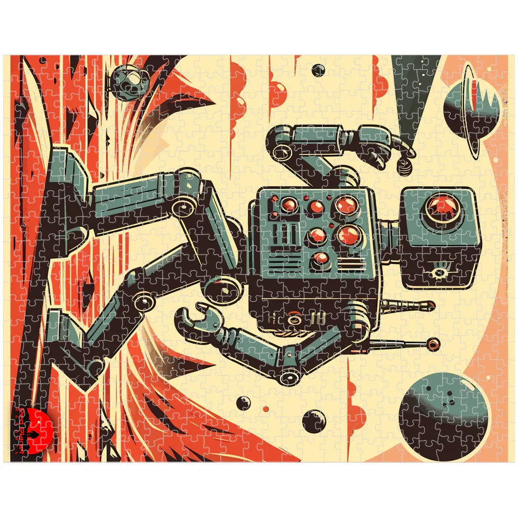 Vintage style robot illustration with red buttons floating in outer space puzzle