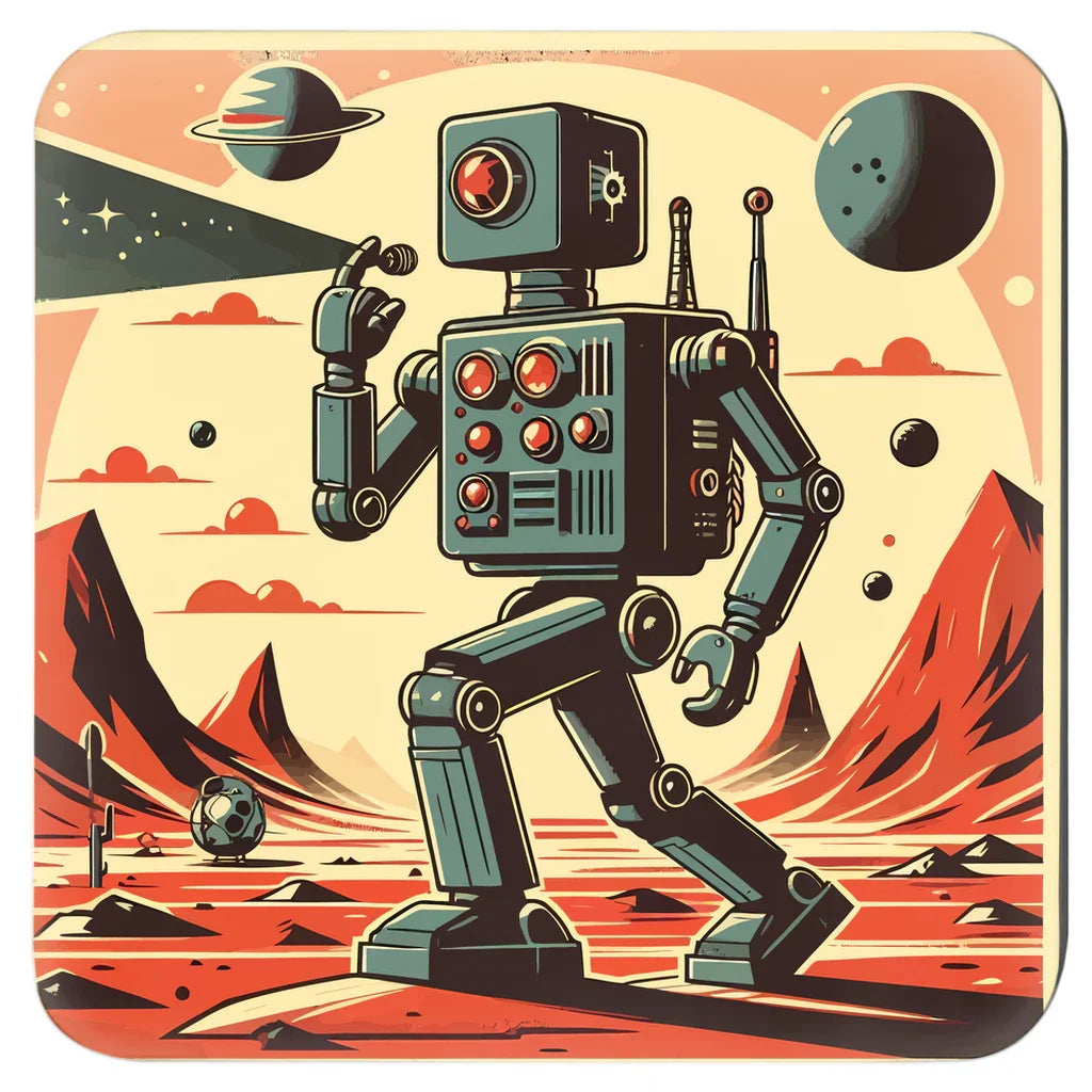 Retro robot exploring an alien planet with red mountains and multiple moons in vintage sci-fi art