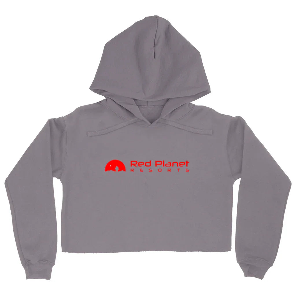 Gray cropped hoodie with Red Planet Resorts logo in red on chest