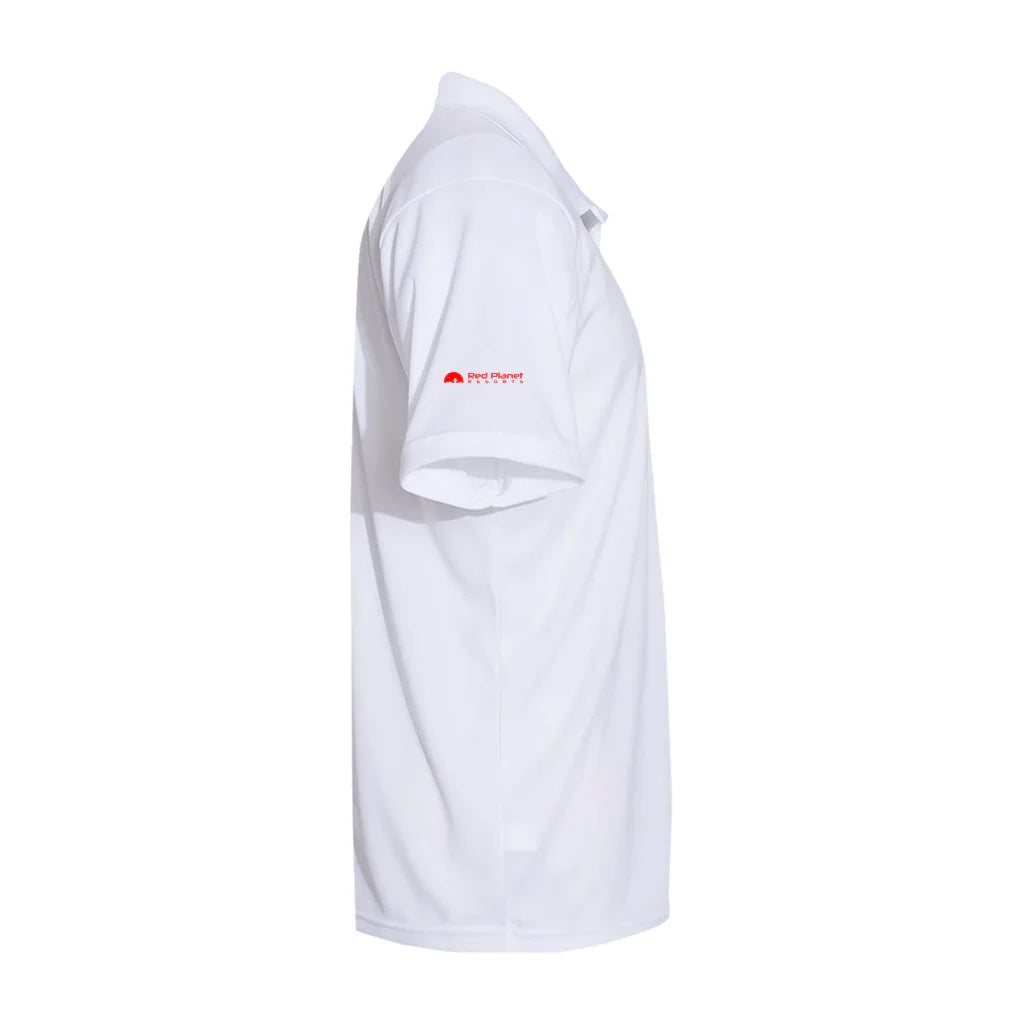White polo shirt with Red Planet Resorts logo on sleeve, side view
