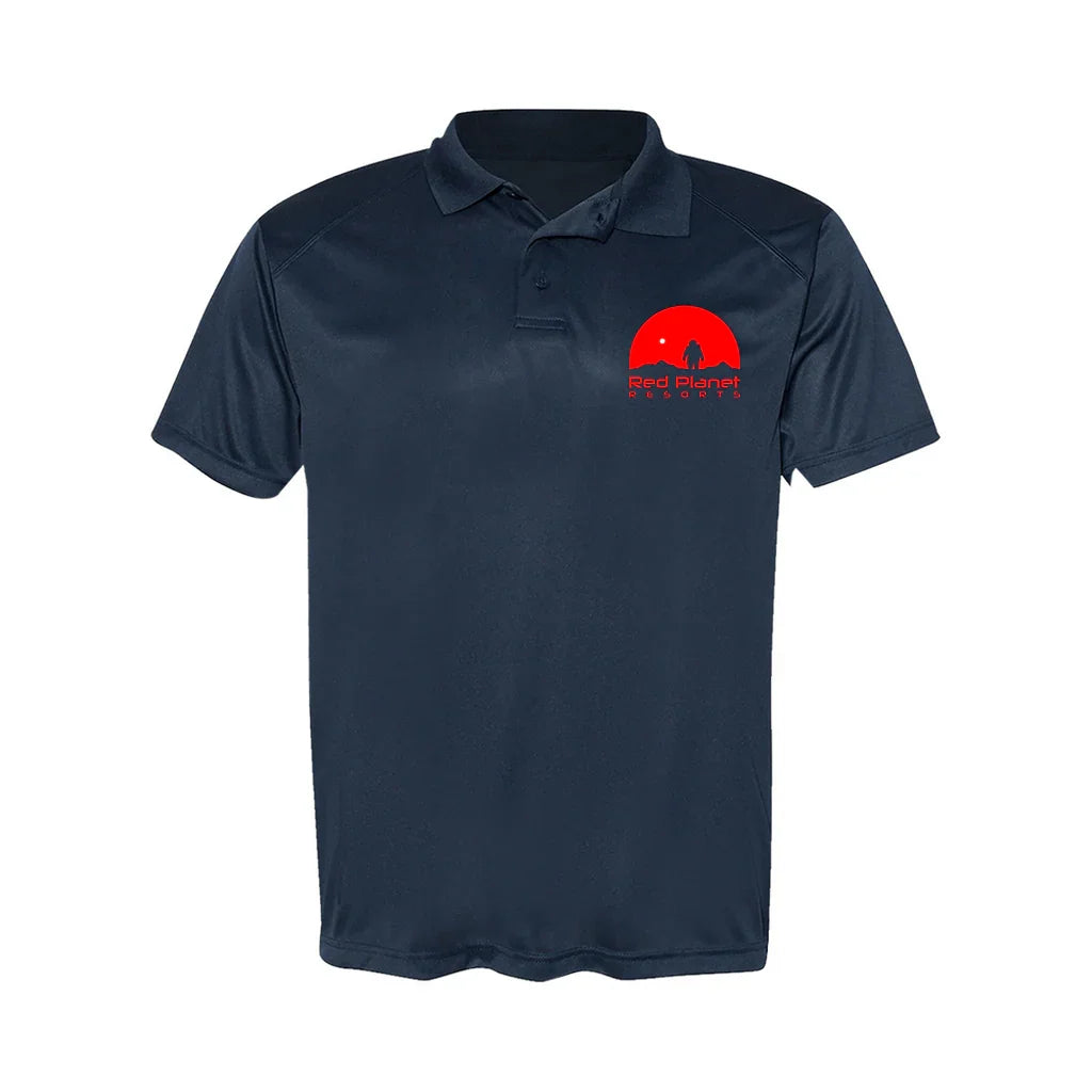 Navy blue polo shirt with Red Planet Resorts logo featuring red sun and astronaut silhouette