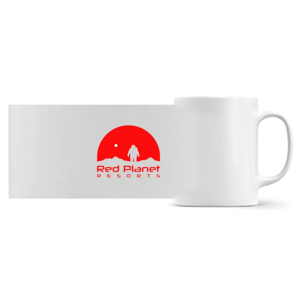 White ceramic mug with red Red Planet Resorts logo featuring astronaut and planet silhouette
