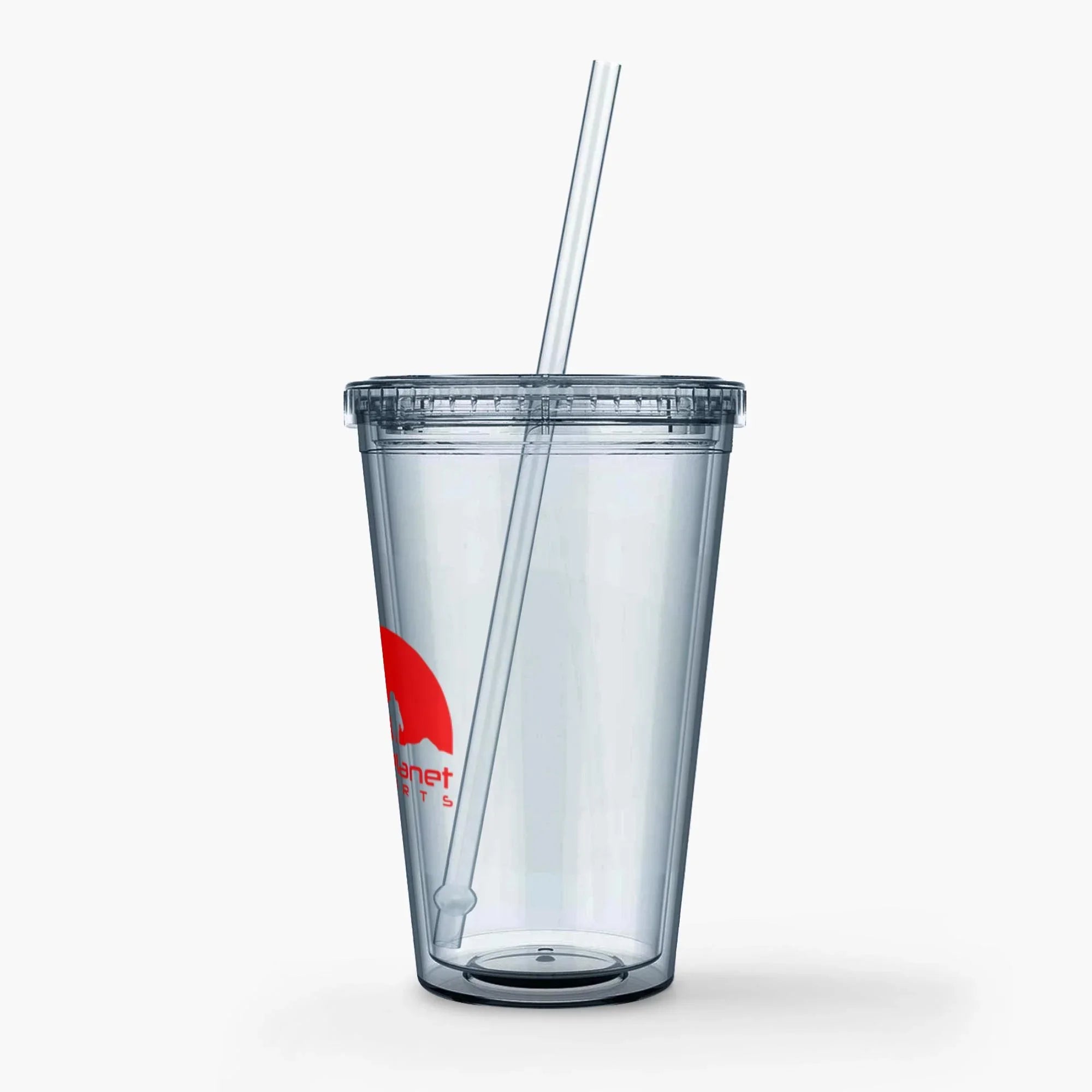 Clear plastic tumbler cup with lid and straw, featuring red Planet Sports logo