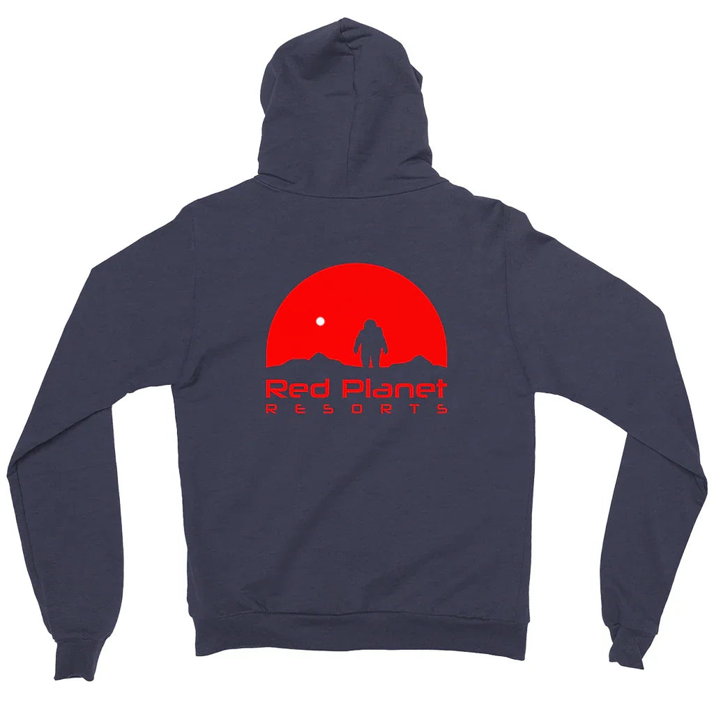Navy hoodie with Red Planet Resorts logo featuring red sun, astronaut silhouette, and text on back