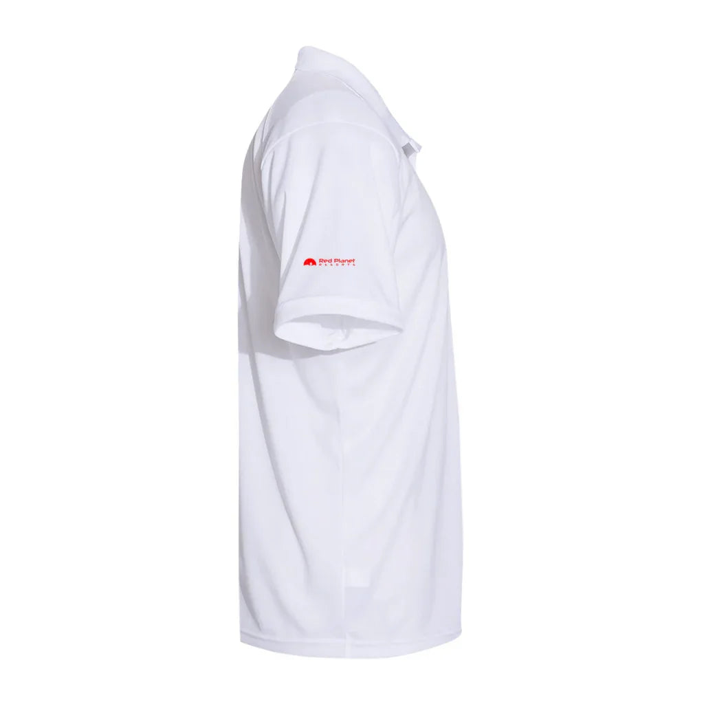 White polo shirt side view with small red Red Planet Resorts logo on sleeve