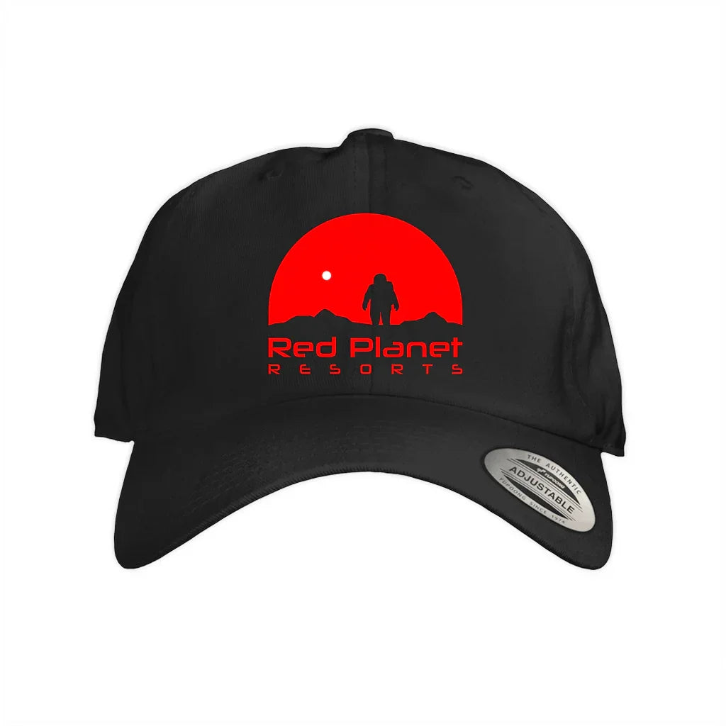 Black adjustable baseball cap with a red astronaut logo and Red Planet Resorts text
