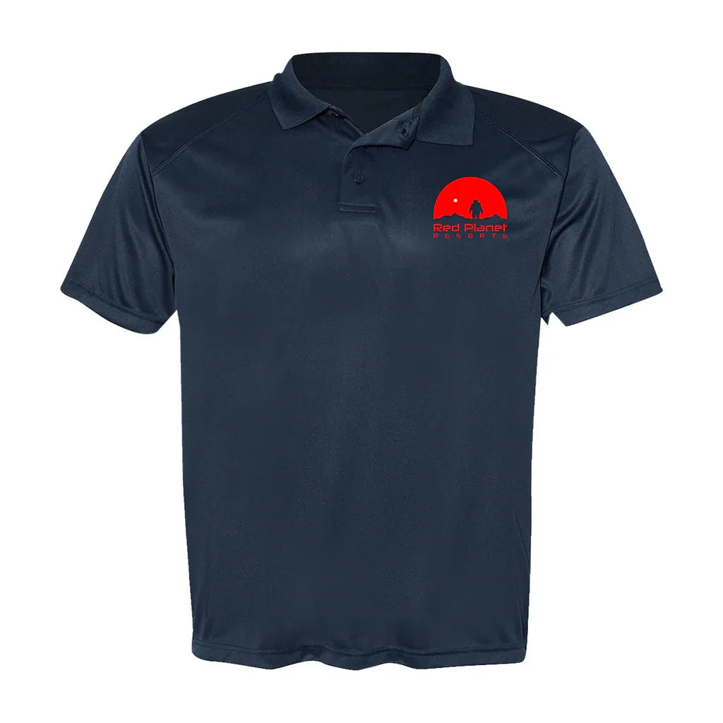 Navy blue polo shirt with red 'Red Planet Resorts' logo featuring silhouette of astronaut and planet