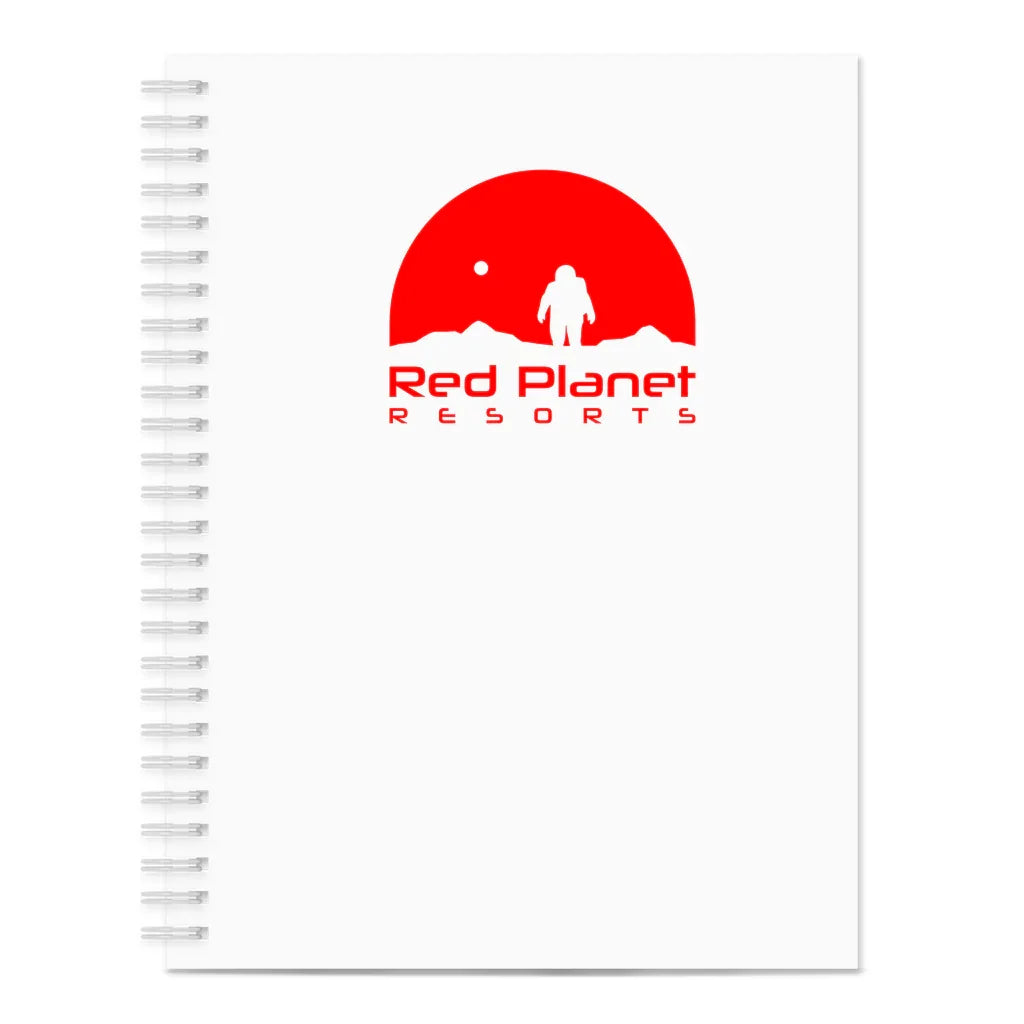 Red Planet Resorts logo with astronaut silhouette and red planet backdrop on white spiral notebook cover