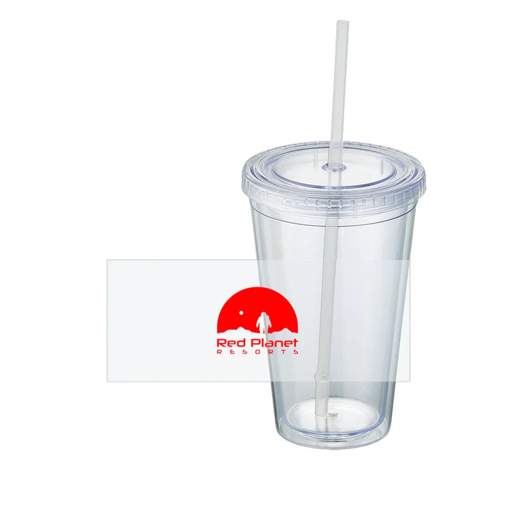 Clear plastic tumbler with lid and straw featuring Red Planet Resorts red logo