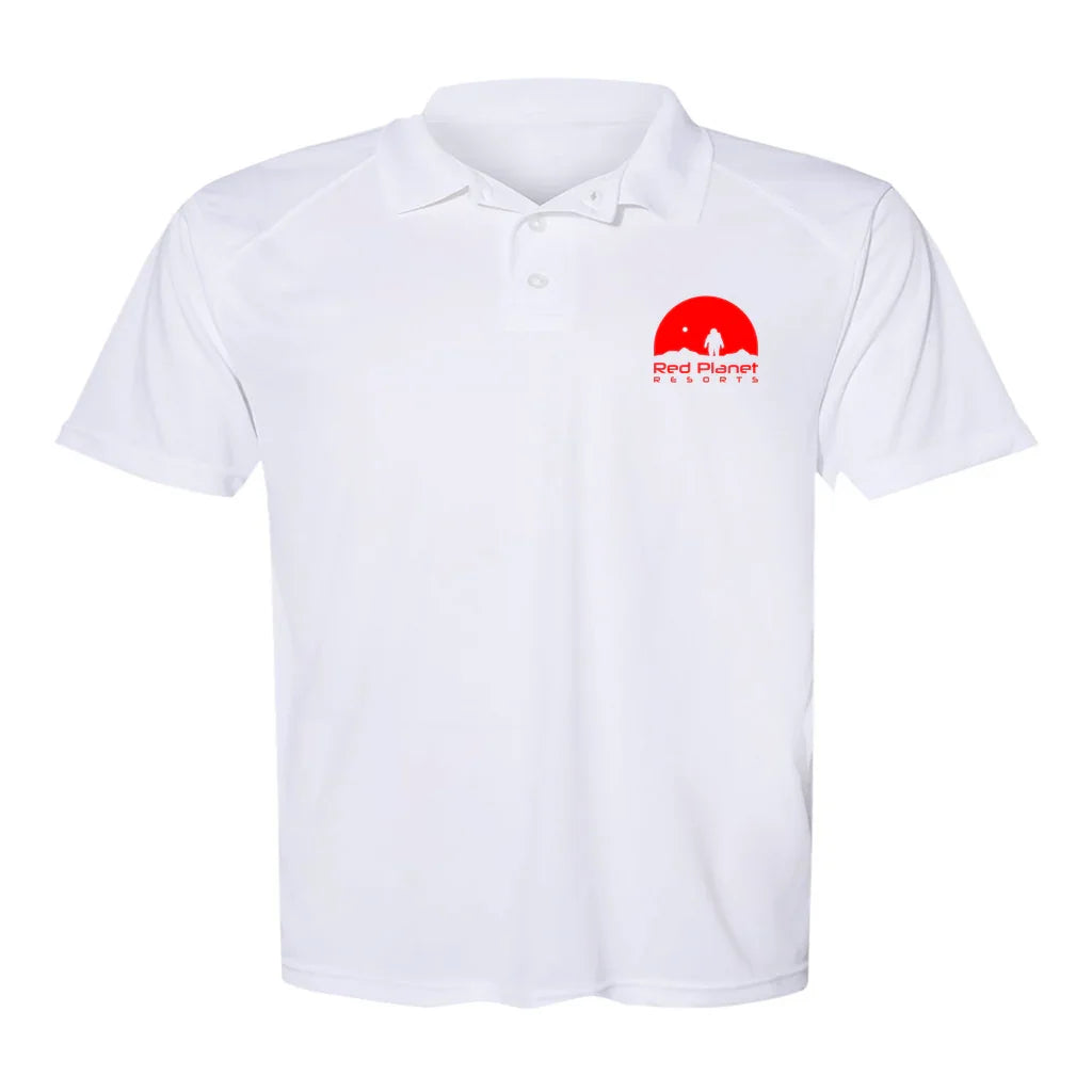 White polo shirt with Red Planet Resorts logo featuring a red planet and astronaut silhouette